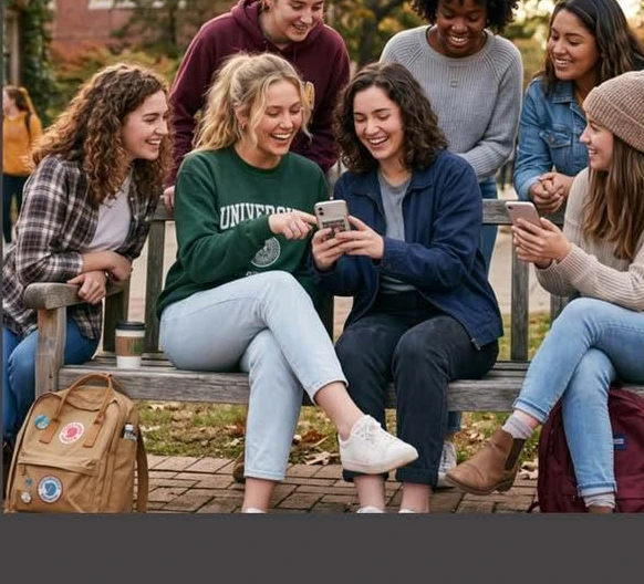 A group of college-age women sharing a moment together outdoors